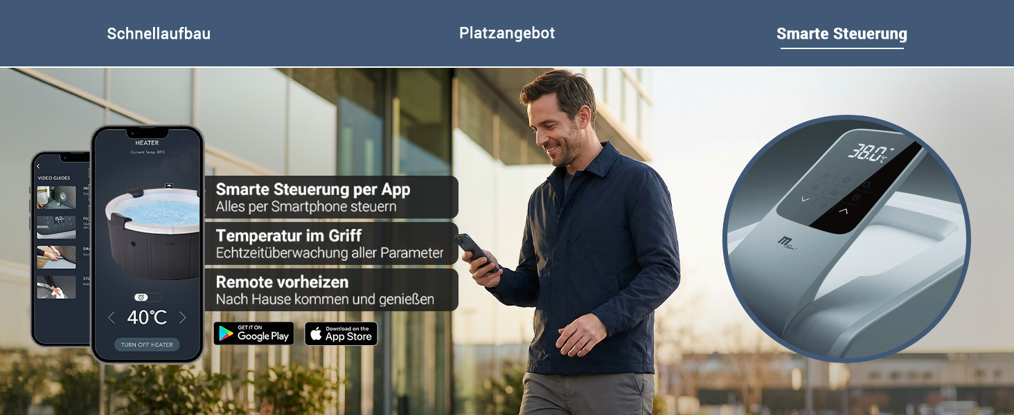 Ein Mann steuert den MSpa Frame Denver Whirlpool per Smartphone-App. Die App erm&ouml;glicht das Vorheizen aus der Ferne, die Temperatur&uuml;berwachung in Echtzeit sowie die komfortable Steuerung aller wichtigen Whirlpool-Funktionen. Rechts ist das digitale Touch-Bedienfeld des Whirlpools zu sehen.